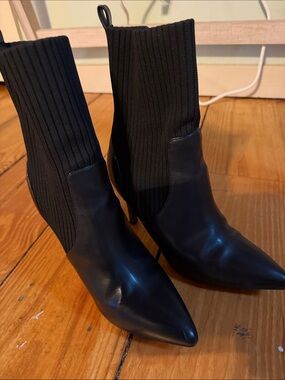 MIA Black Pointed-Toe Ribbed Sock Heeled Ankle Boots - Women